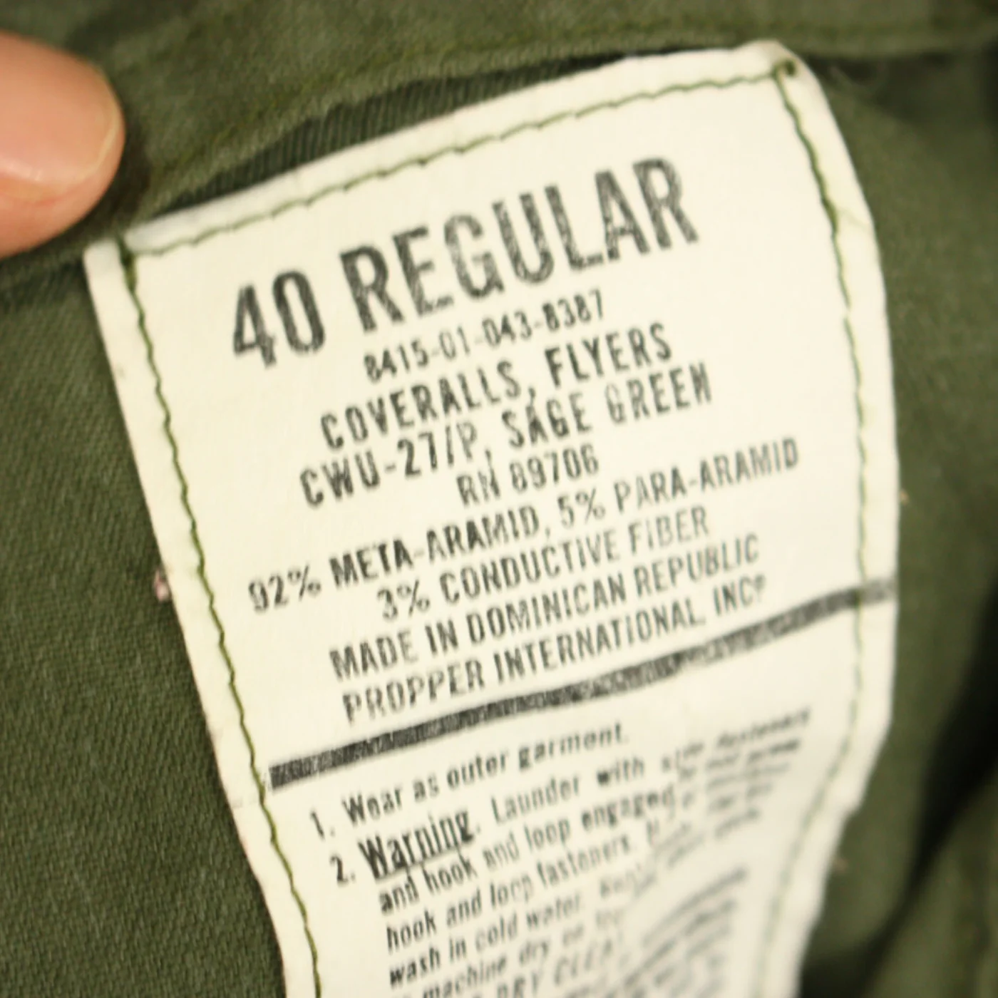 米軍 CWU-27/P フライトスーツ セージグリーン 40R 記録写真4