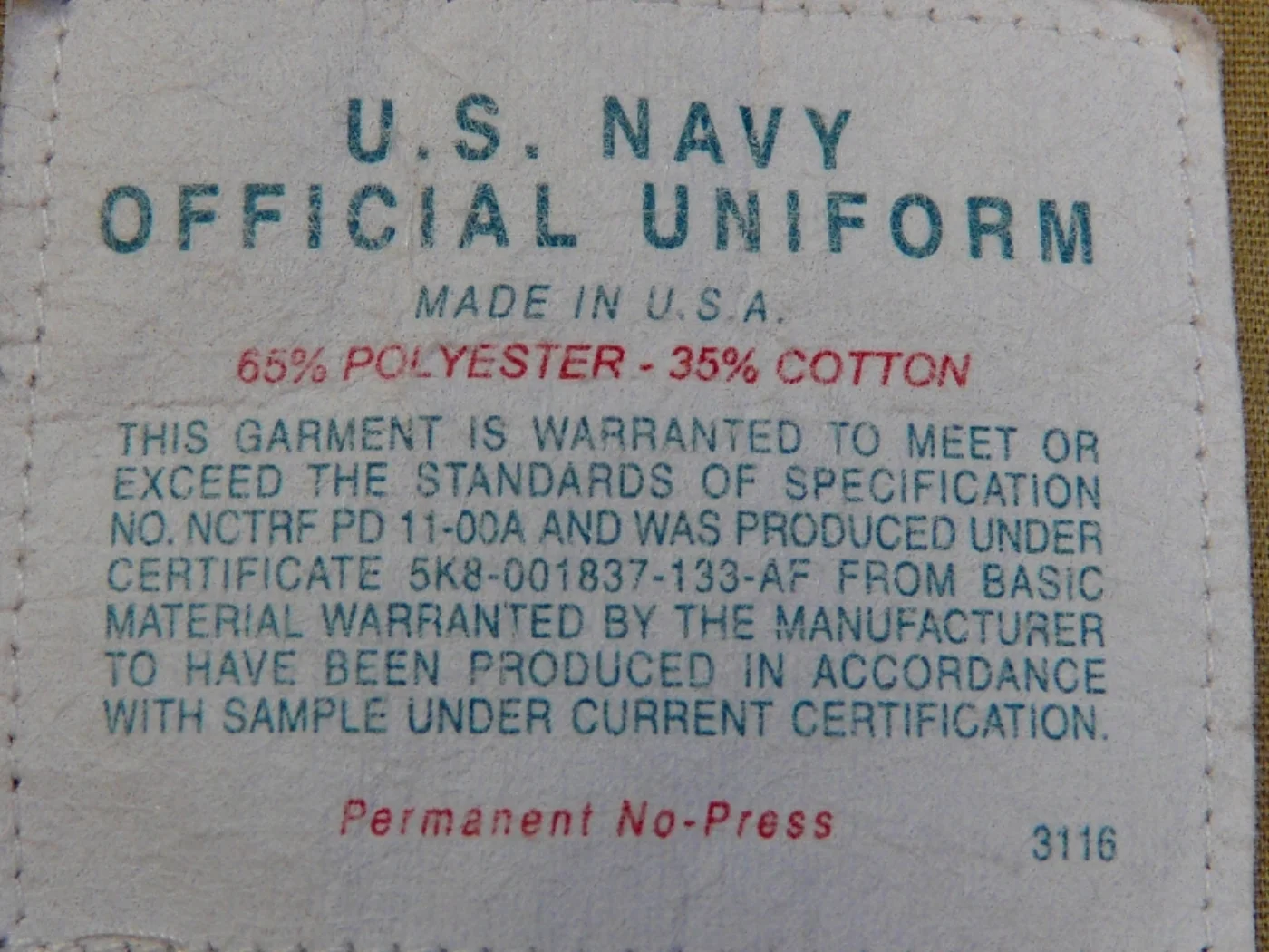 U.S.NAVY オフィシャルユニフォーム カーキ上下セット 記録写真3