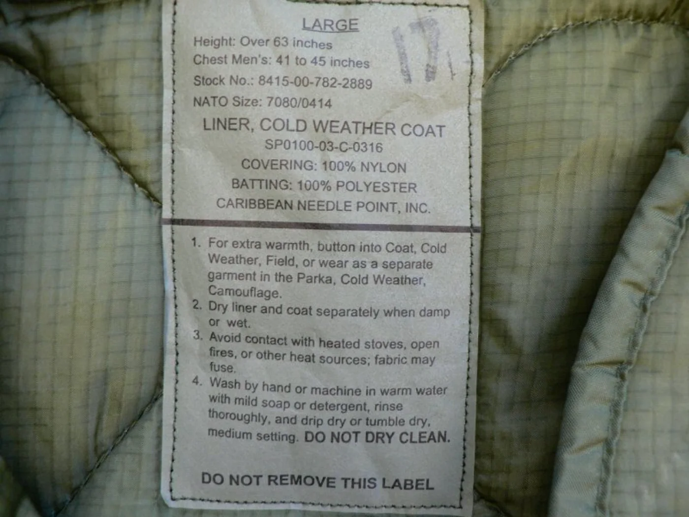 ミリタリーショップ 南国百貨店.COM|沖縄 LINER COLD WEATHER COAT LARGE 新品 [K-2 記録写真2