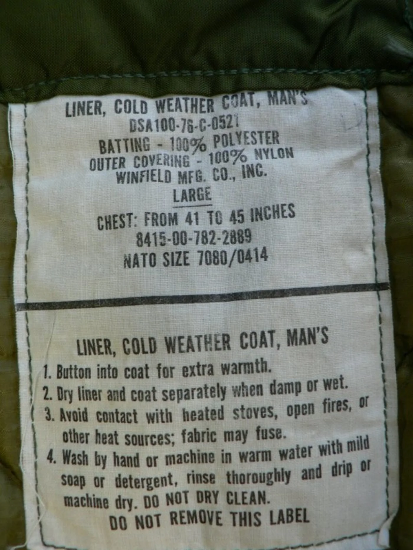 ミリタリーショップ 南国百貨店.COM|沖縄 LINER COLD WEATHER COAT LARGE [Z K-24 記録写真2