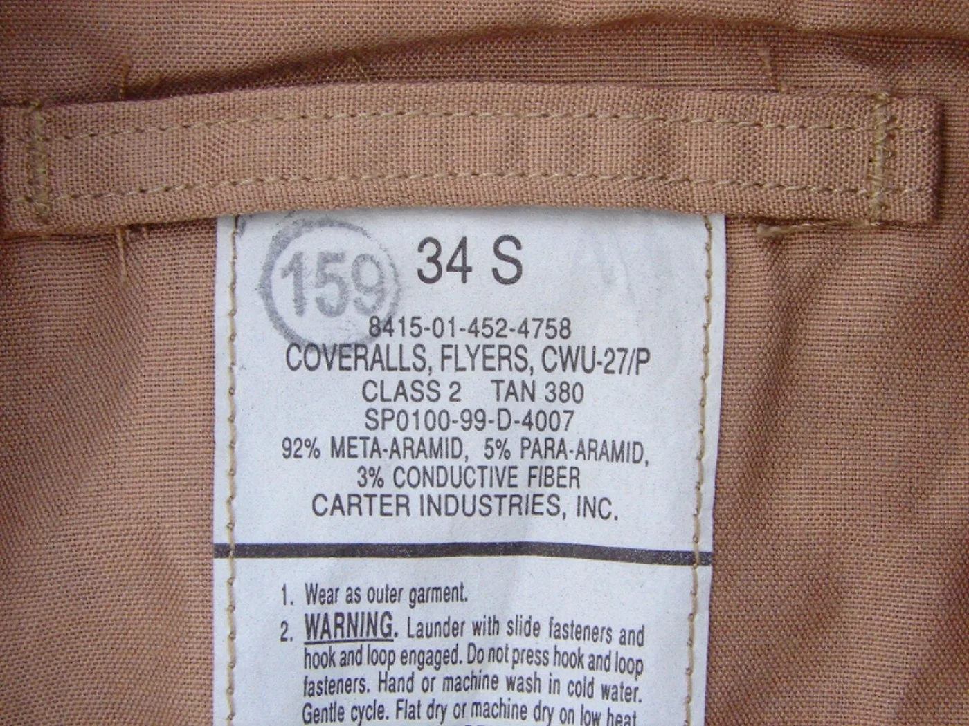 ミリタリーショップ 南国百貨店.COM|沖縄 フライトスーツ CWU-27/P 34S TAN デッドストック [FK- 記録写真7